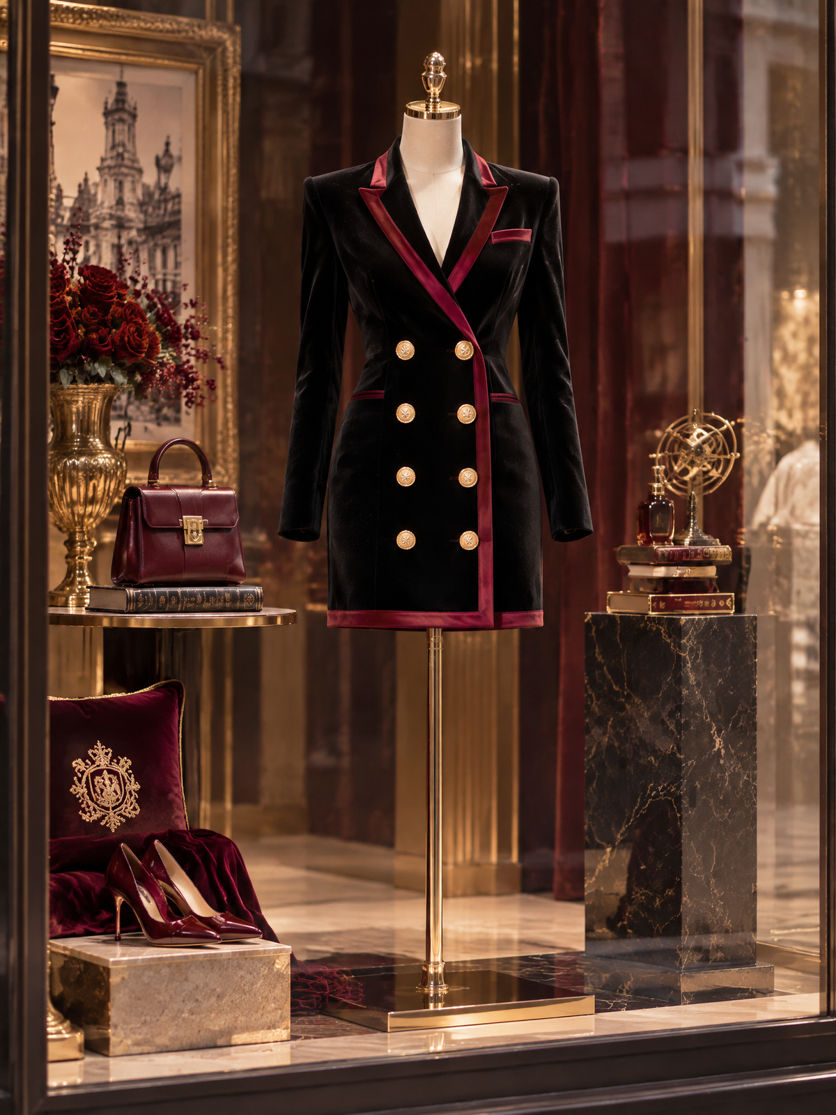 Retro Black Velvet Contrast Wine-Red Piped Blazer Mini Dress
