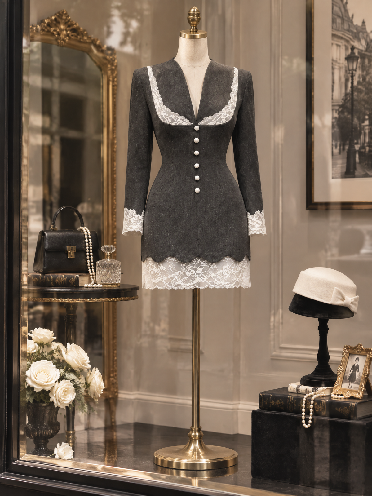 Vintage French Chic Grey Jacquard Blazer Mini Dress