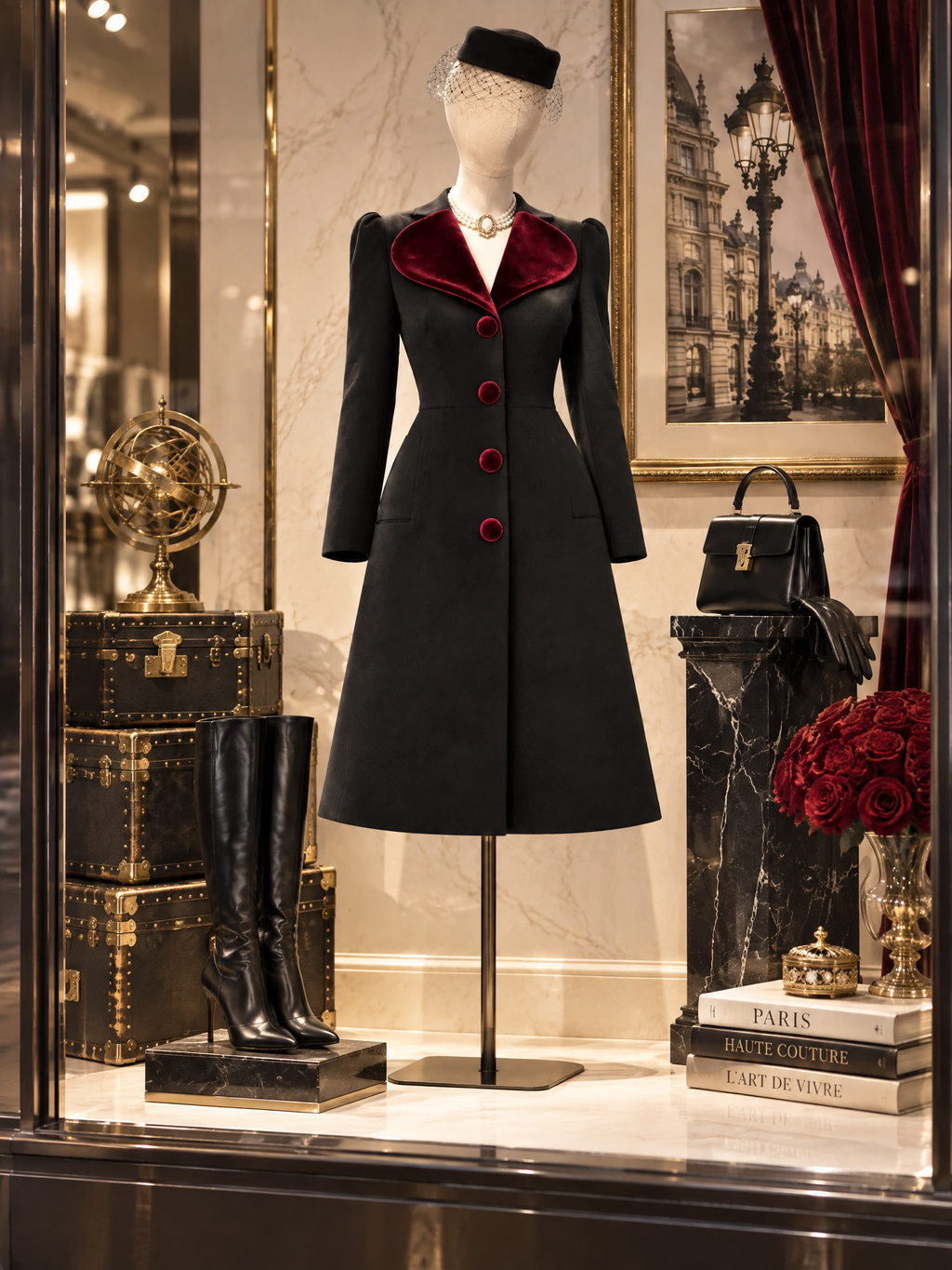 Vintage 1950s Black Wool Burgundy Velvet Contrast Collar Coat