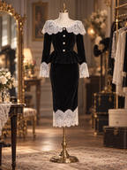 Vintage Velvet Lace Collar Long Sleeve Peplum Two Piece Midi Skirt Set