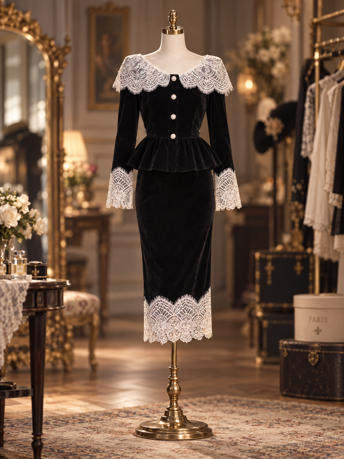 Vintage Velvet Lace Collar Long Sleeve Peplum Two Piece Midi Skirt Set