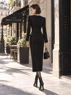 Vintage Slimming Office Chic Gold Button Contrast Stitching Midi Dress