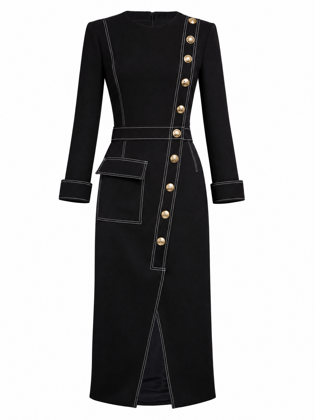 Vintage Slimming Office Chic Gold Button Contrast Stitching Midi Dress