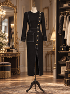 Vintage Slimming Office Chic Gold Button Contrast Stitching Midi Dress