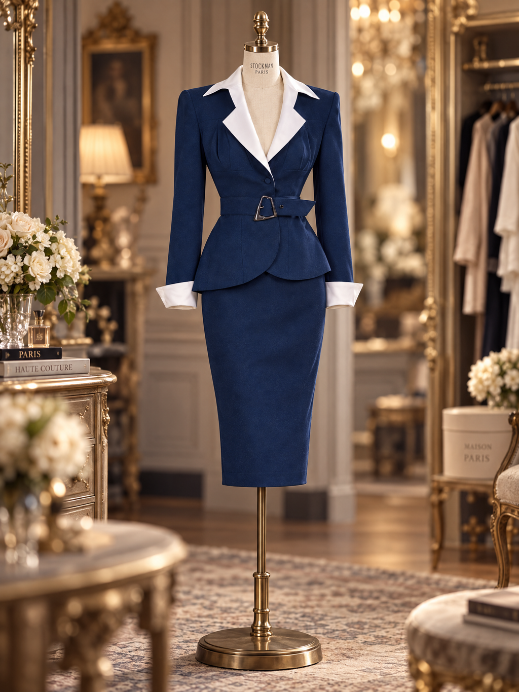 Vintage French Office Navy Suit With Contrast Collar Two Piece Set
