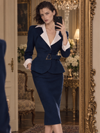 Vintage French Office Navy Suit With Contrast Collar Two Piece Set
