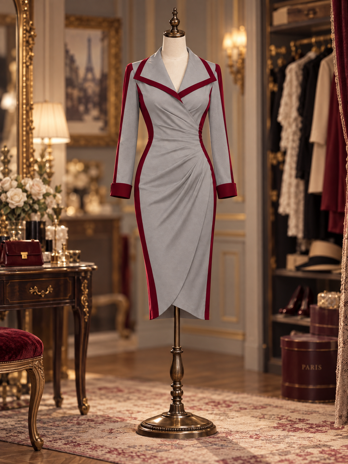 Vintage Slimming Office Chic Color Block Ruched Waist Midi Dress