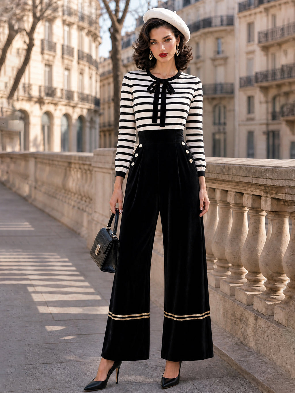 Vintage Striped Bow-Neck Velvet Wide-Leg Jumpsuit
