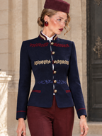 Vintage Military Navy Blue Embroidered Stand-Collar Jacket