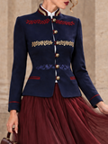 Vintage Military Navy Blue Embroidered Stand-Collar Jacket