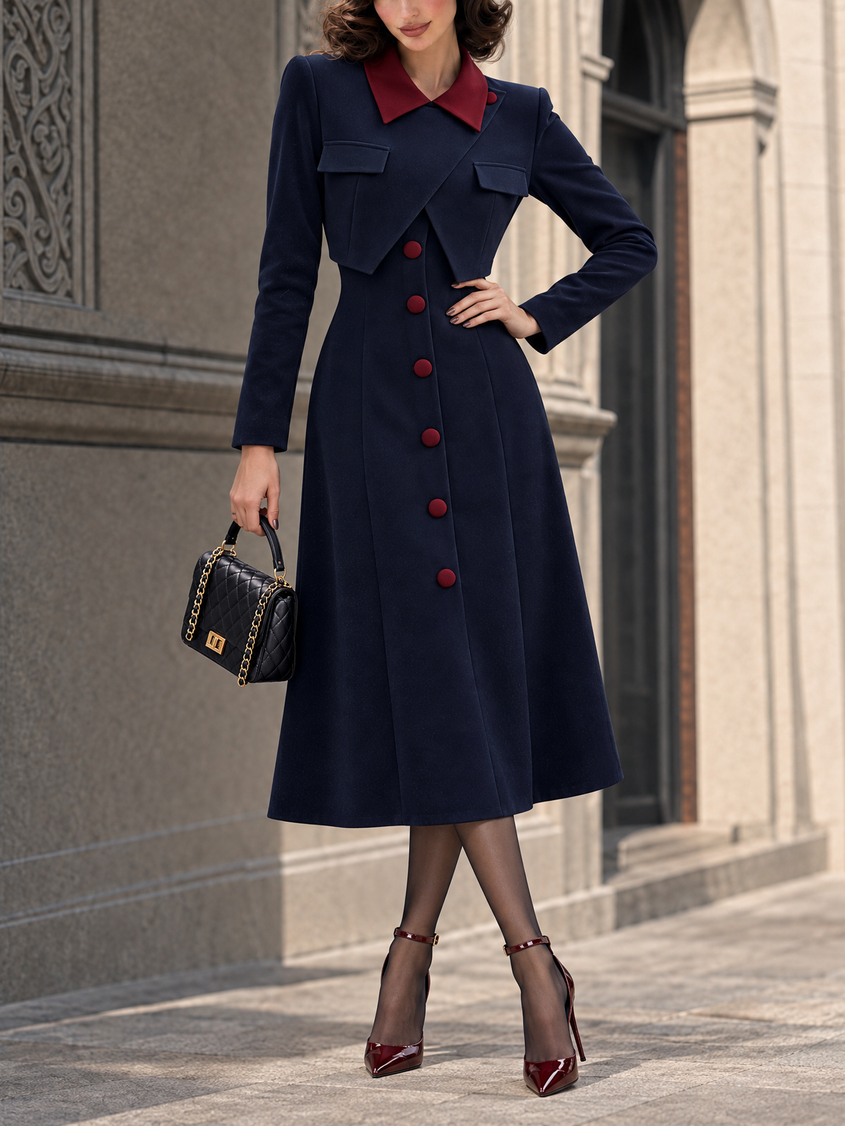 Vintage Color Block Fake Two-Piece Wool Blend Coat