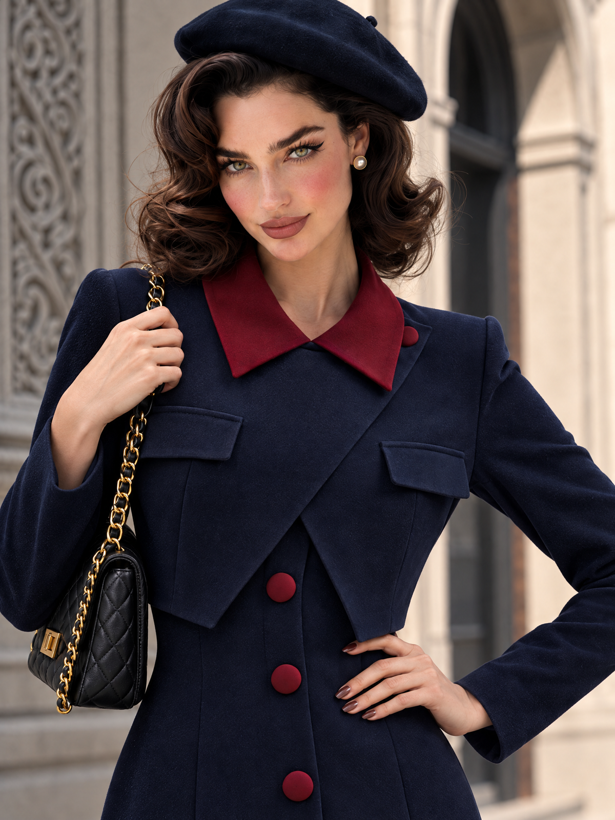 Vintage Color Block Fake Two-Piece Wool Blend Coat