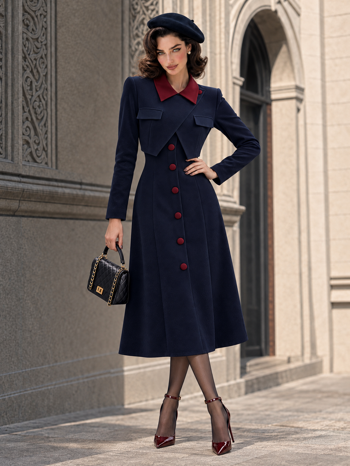 Vintage Color Block Fake Two-Piece Wool Blend Coat