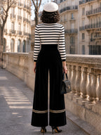 Vintage Striped Bow-Neck Velvet Wide-Leg Jumpsuit