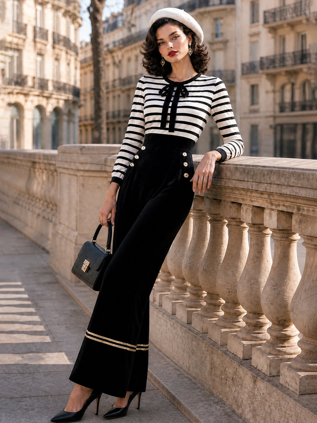Vintage Striped Bow-Neck Velvet Wide-Leg Jumpsuit
