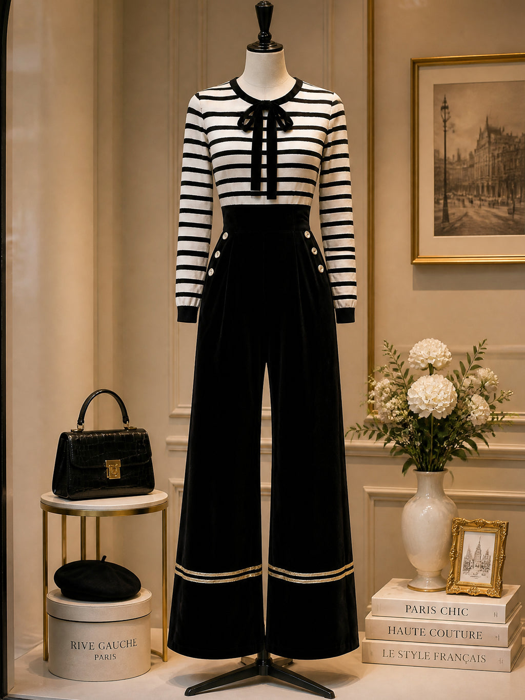 Vintage Striped Bow-Neck Velvet Wide-Leg Jumpsuit