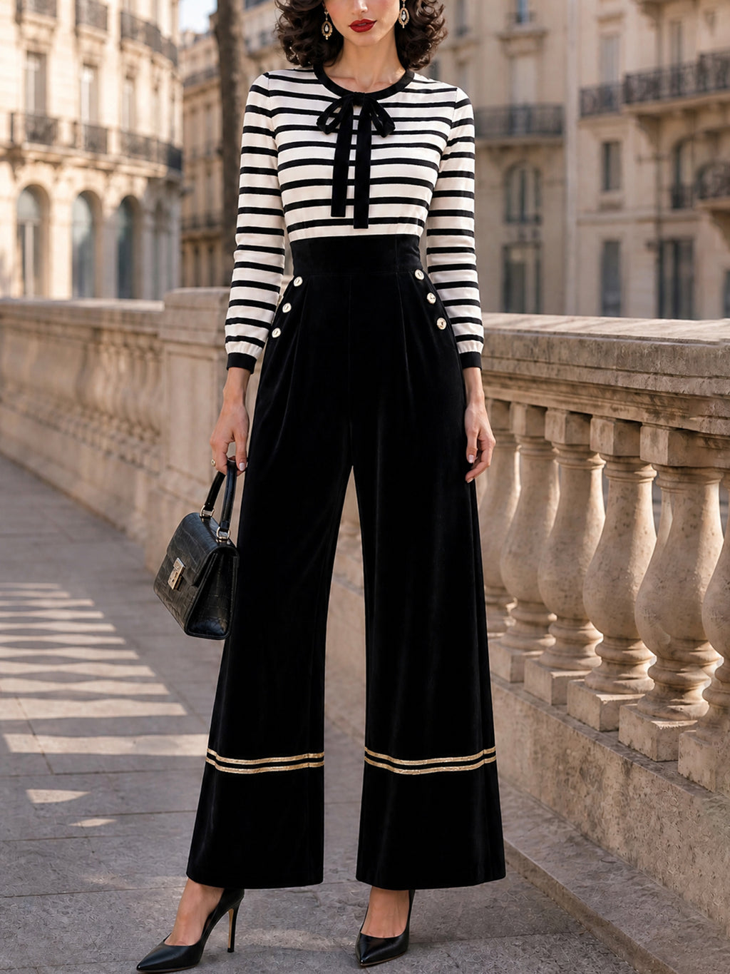 Vintage Striped Bow-Neck Velvet Wide-Leg Jumpsuit