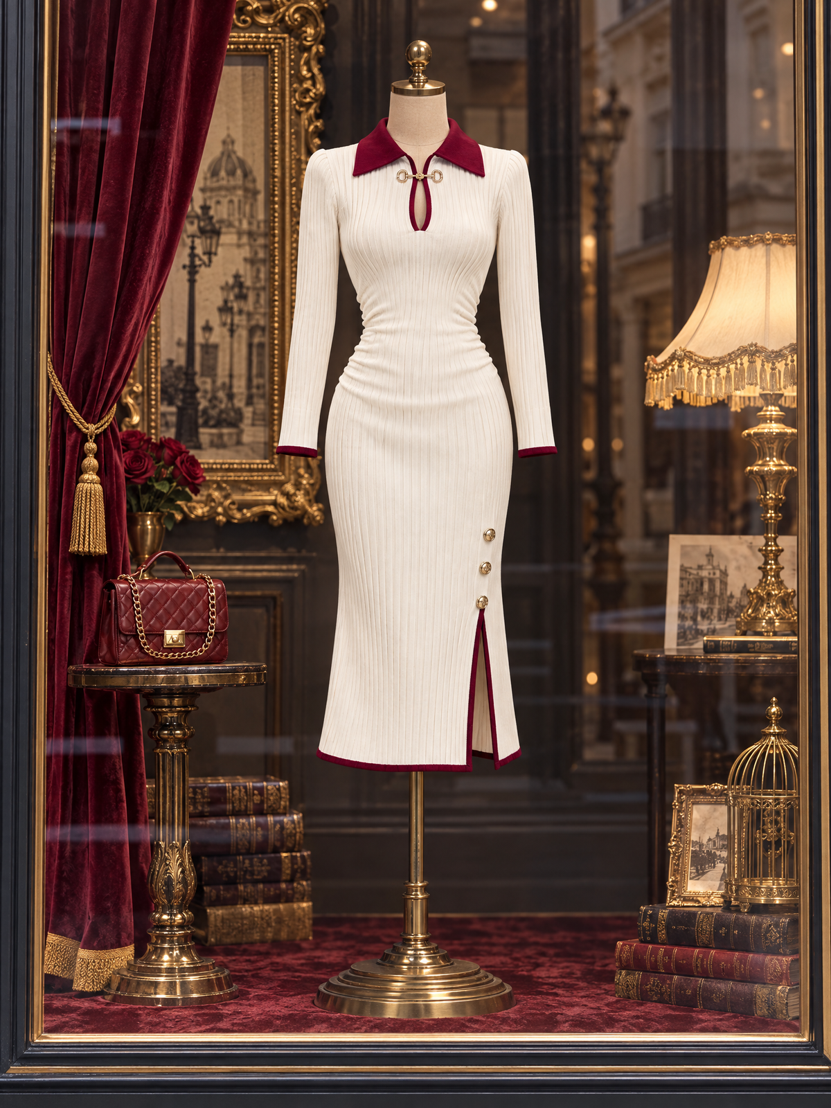 Vintage Ribbed Knit Slim Fit Color Block Knit Midi Dress