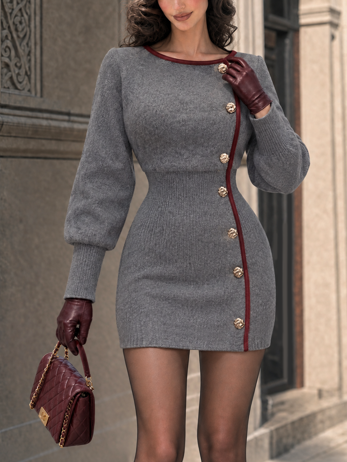 Vintage Color Block Knit Bodycon Mini Dress