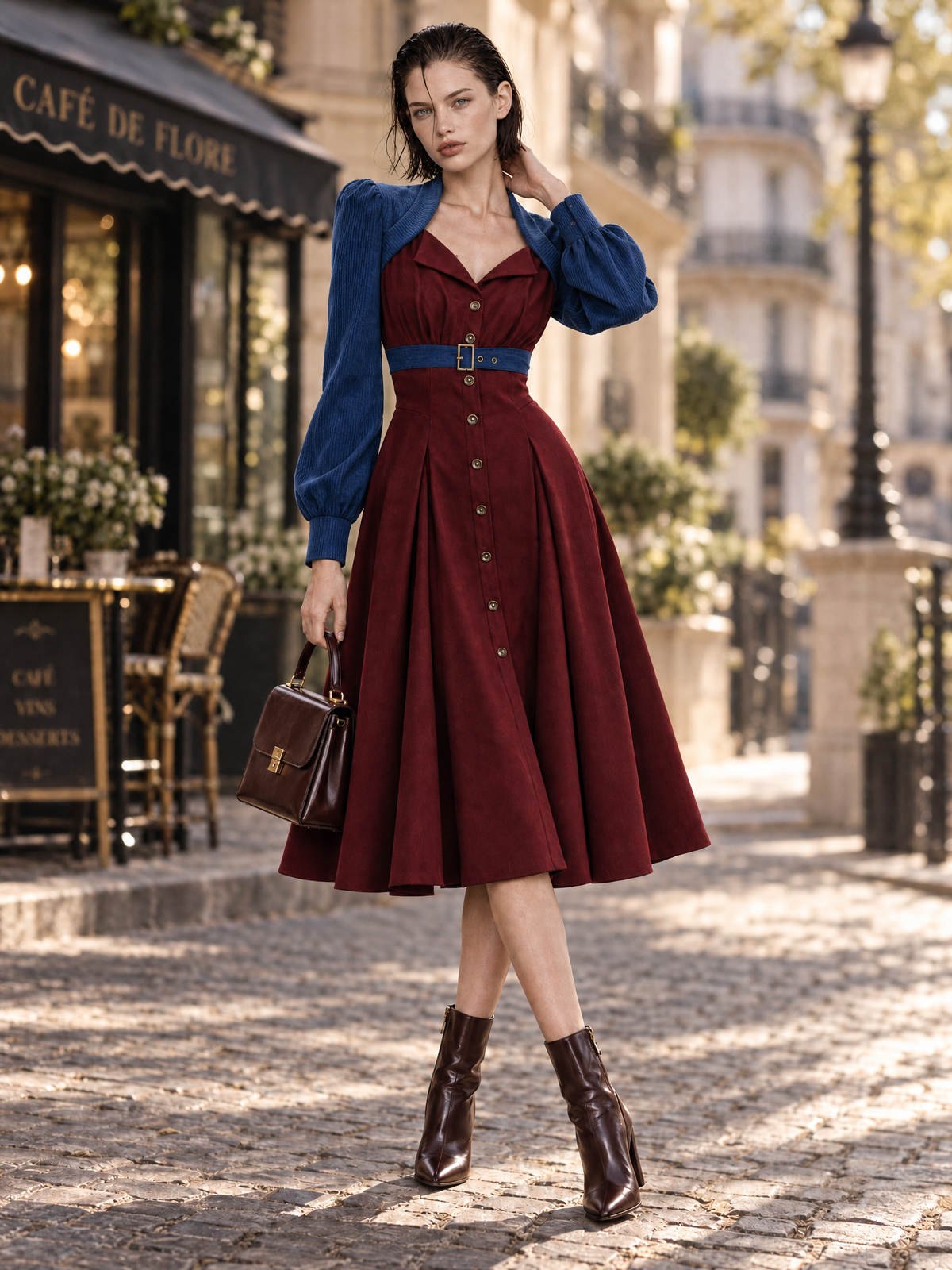 Vintage 50s Burgundy Contrast Blue Corduroy Puff Sleeve Belted Midi Dress