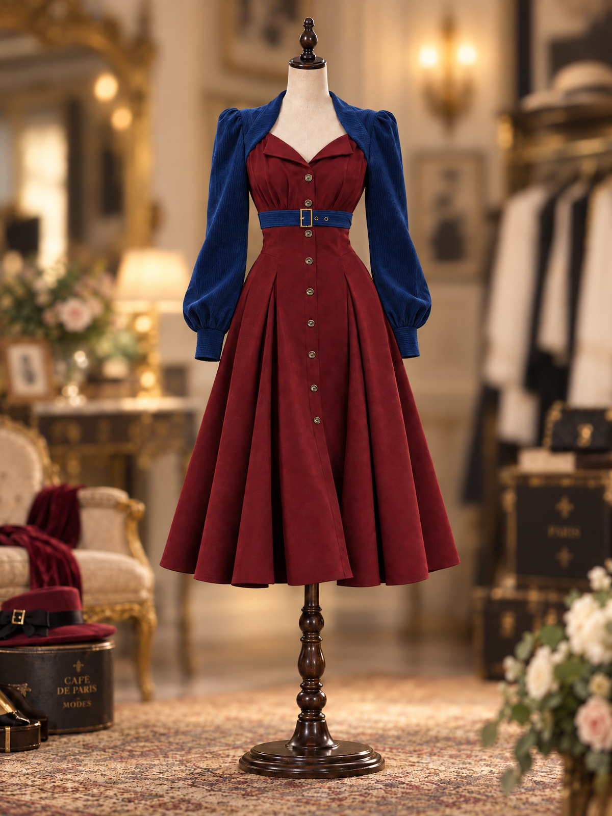 Vintage 50s Burgundy Contrast Blue Corduroy Puff Sleeve Belted Midi Dress