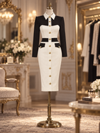 Vintage Retro Black White Lapel Gold Button Bodycon Midi Dress