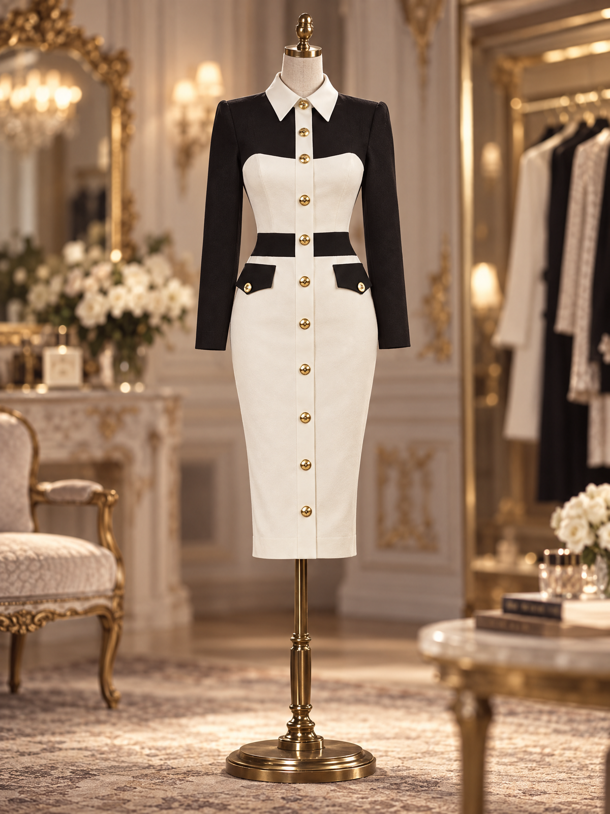 Vintage Retro Black White Lapel Gold Button Bodycon Midi Dress