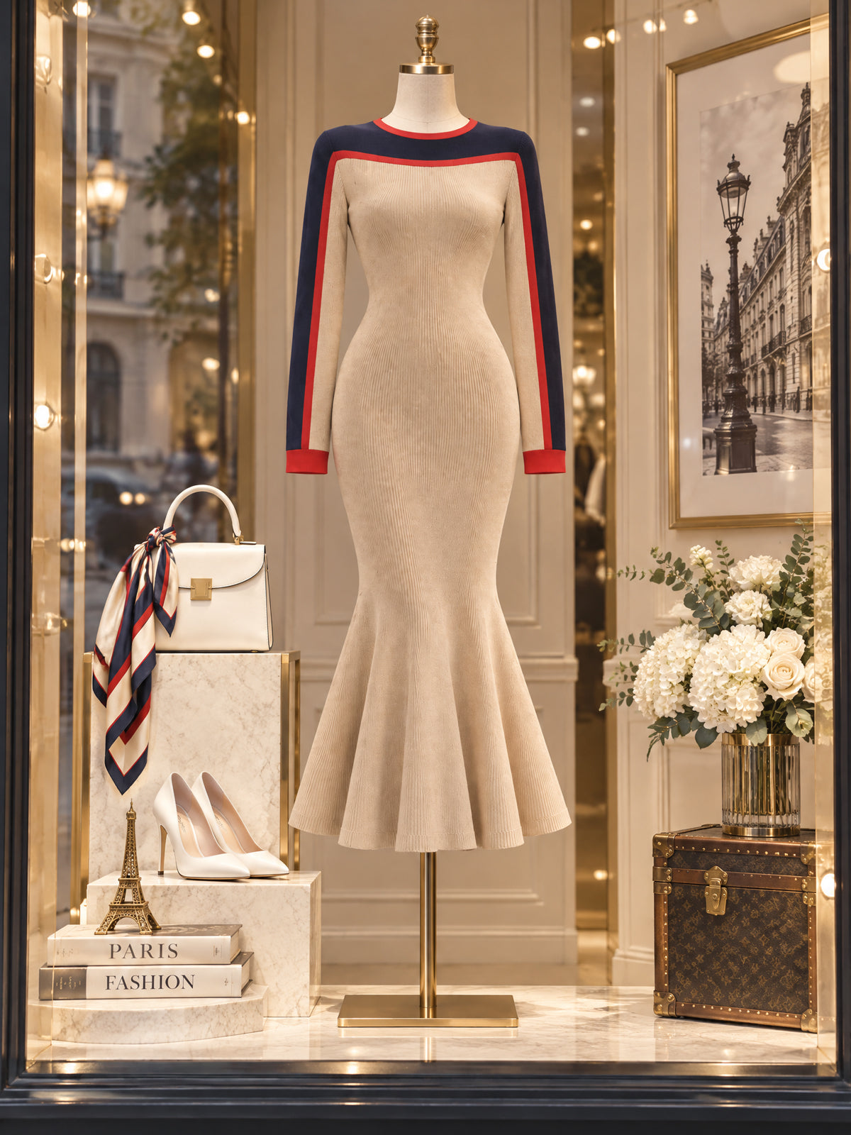 Vintage Colorblock Ribbed Knit Mermaid Midi Dress