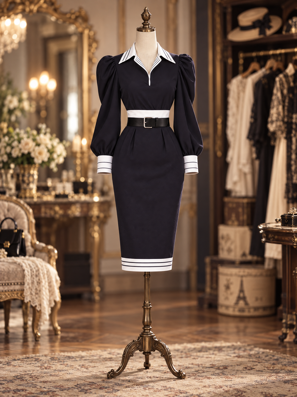 Vintage French Retro Puff Sleeve Contrast Trim Bodycon Midi Dress