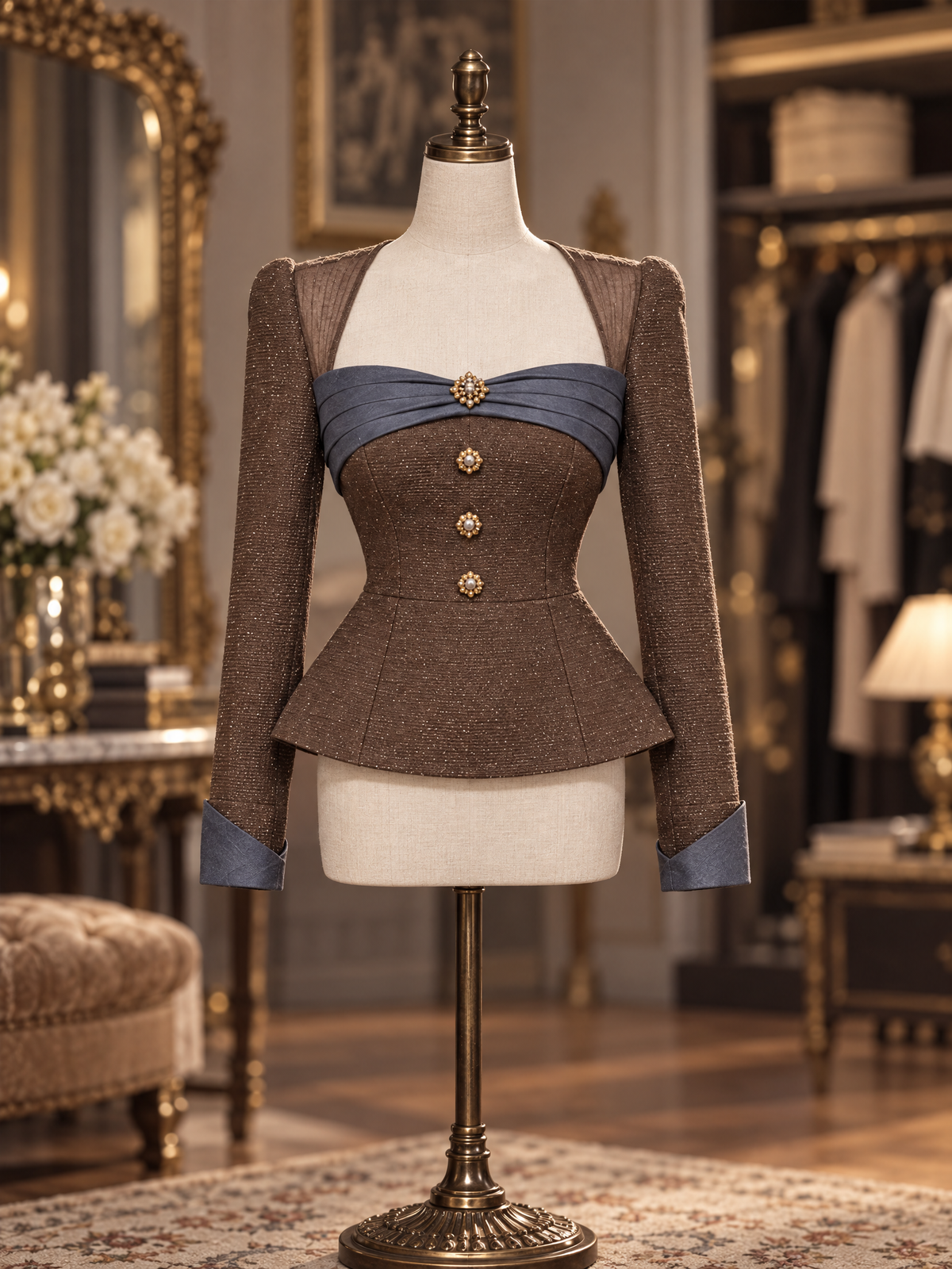 Vintage Square Neck Long Sleeve Button Decor Peplum Top