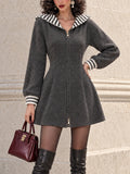 Vintage Striped Sailor-Collar Zip Knit Dress