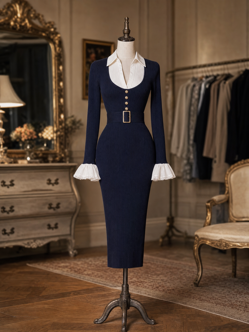 Vintage Faux Shirt Collar Ruffle Cuff Ribbed Knit Midi Dress
