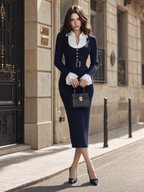 Vintage Faux Shirt Collar Ruffle Cuff Ribbed Knit Midi Dress