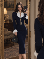 Vintage Faux Shirt Collar Ruffle Cuff Ribbed Knit Midi Dress