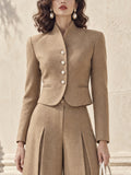 Vintage Pearl-Button Stand-Collar Wool Cropped Jacket