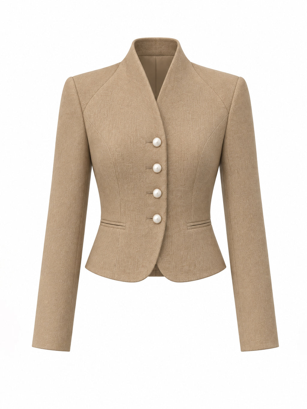 Vintage Pearl-Button Stand-Collar Wool Cropped Jacket