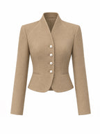 Vintage Pearl-Button Stand-Collar Wool Cropped Jacket