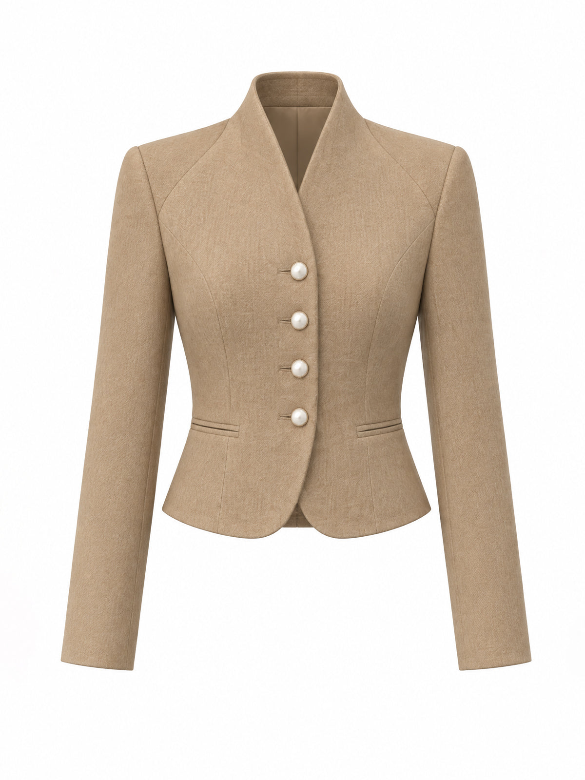 Vintage Pearl-Button Stand-Collar Wool Cropped Jacket