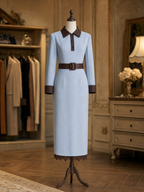 Vintage Contrast Collar Long Sleeve Lace Hem Pencil Midi Dress