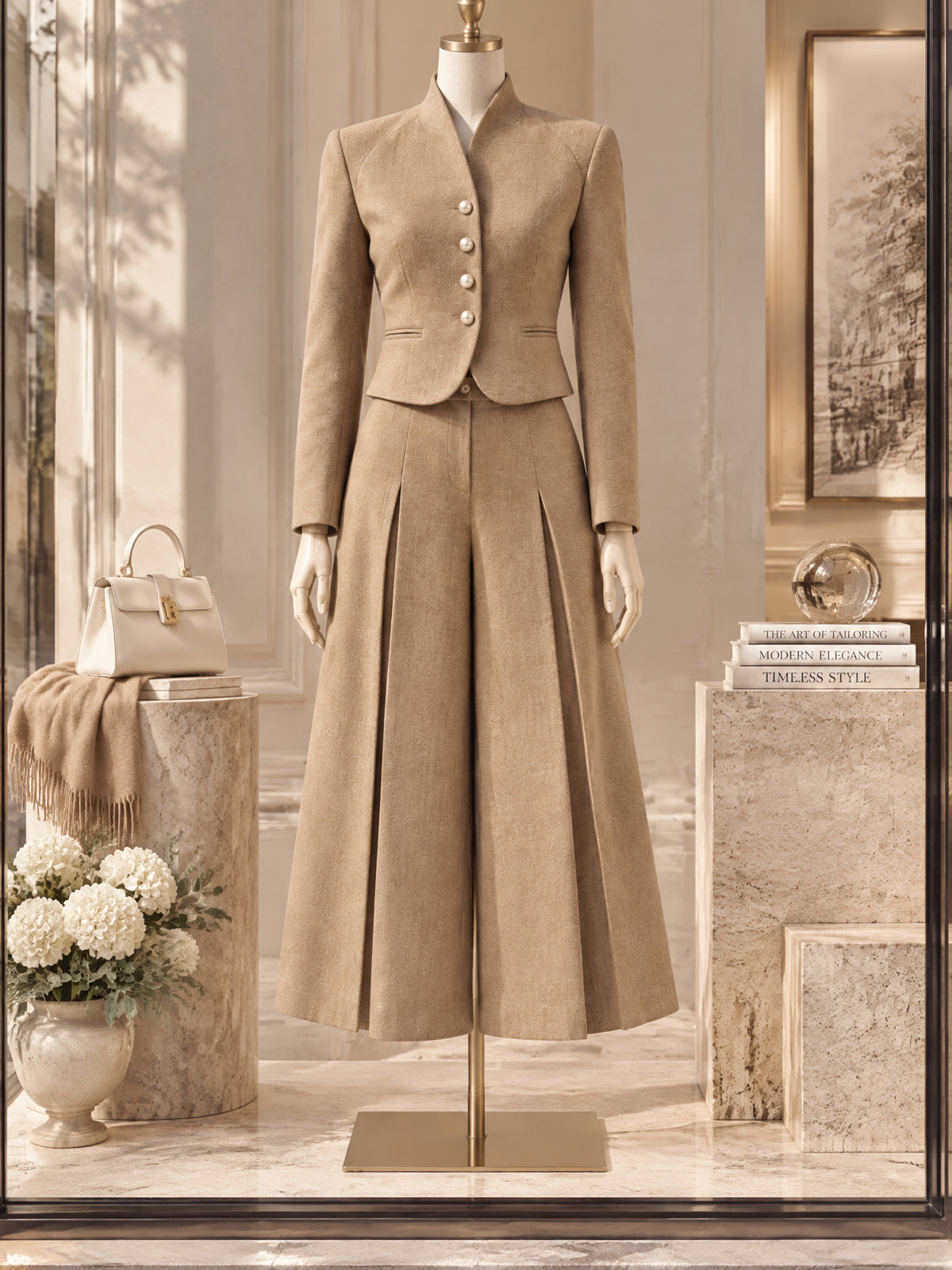 Vintage Pleated High-Waist Wool Wide-Leg Pants