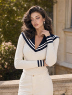 Retro Nautical Striped V‑Neck Knit Maxi Top
