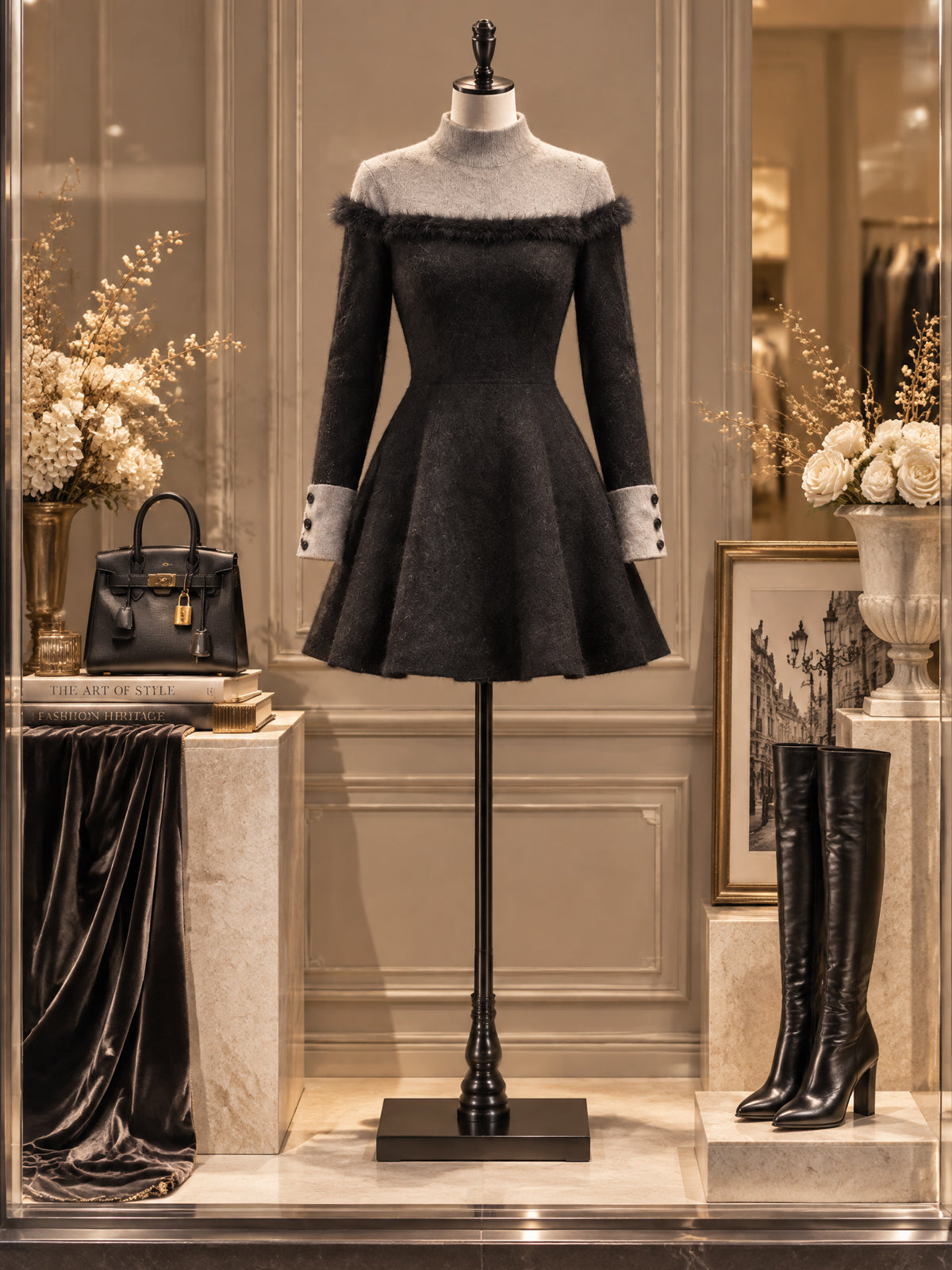 Vintage Colorblock Turtleneck Fuzzy Knit Dress