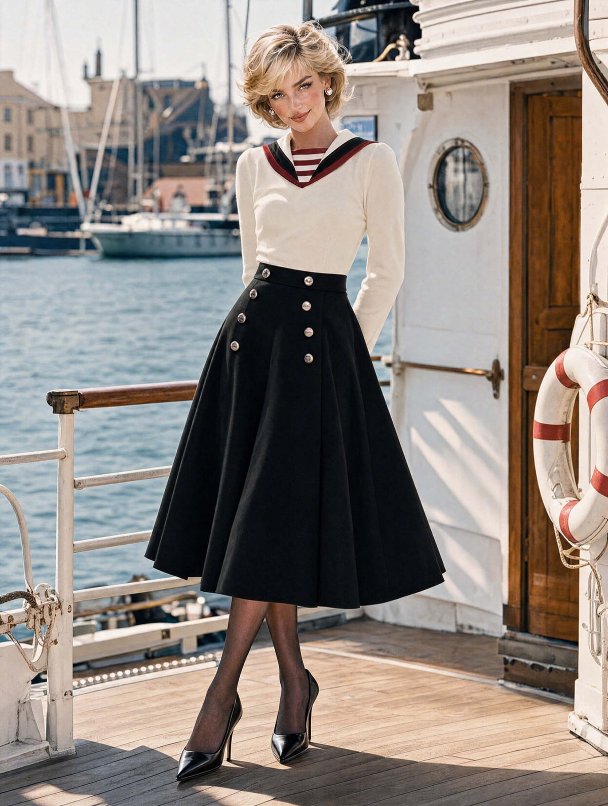 Retro Vintage Sailor Collar Midi Skirt Two‑Piece Outfit