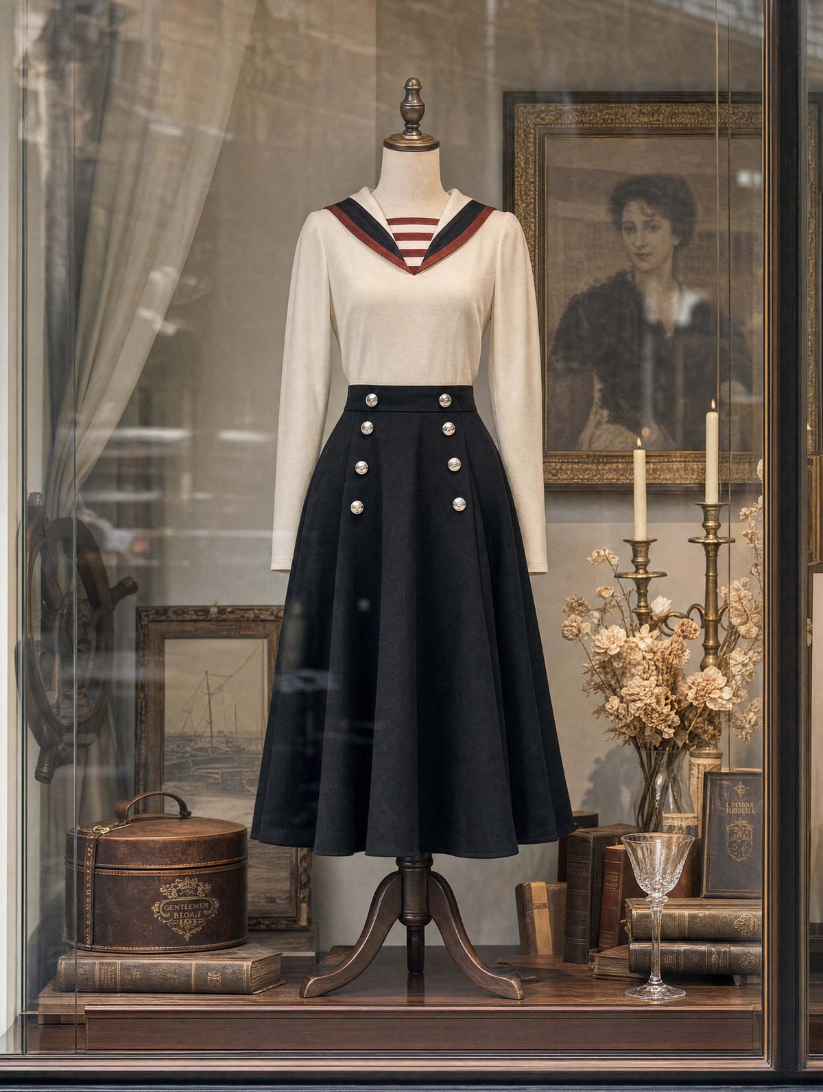 Retro Vintage Sailor Collar Midi Skirt Two‑Piece Outfit