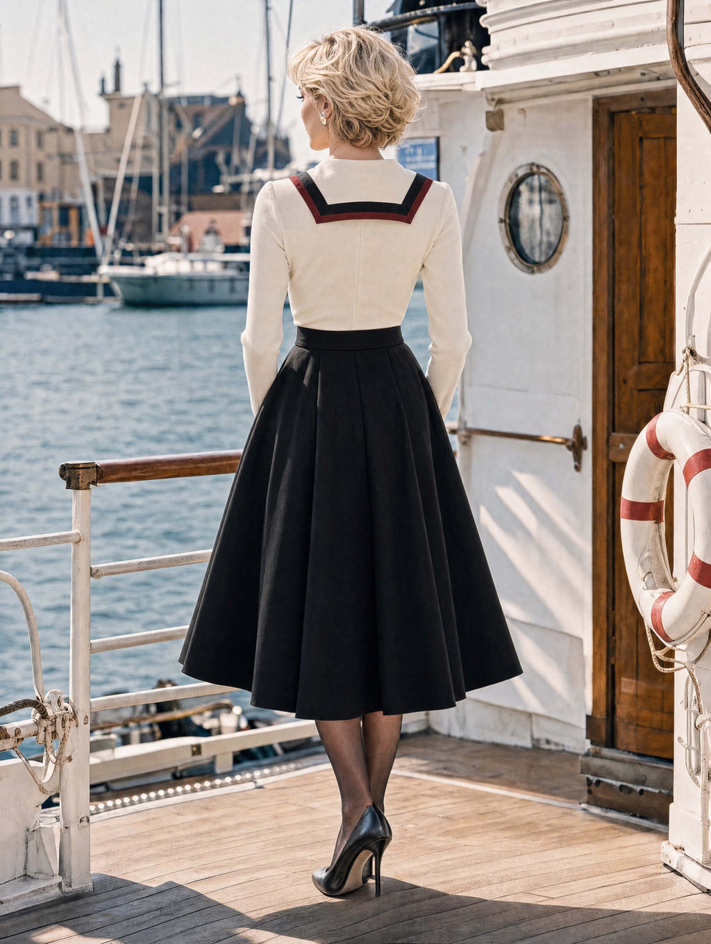 Retro Vintage Sailor Collar Midi Skirt Two‑Piece Outfit
