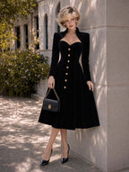 Retro Black Velvet Midi Sweetheart Fit‑Flare Dress