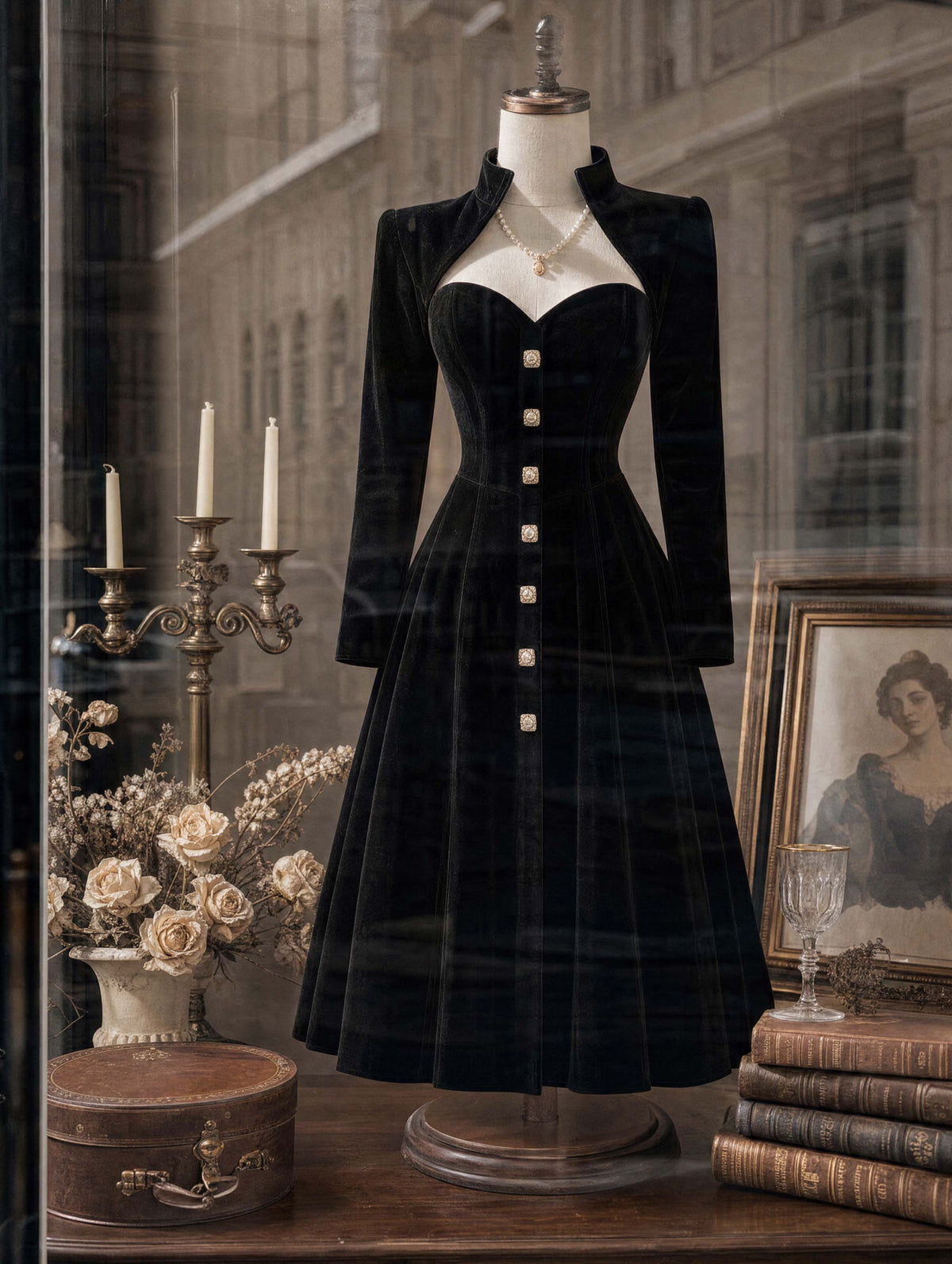 Retro Black Velvet Midi Sweetheart Fit‑Flare Dress