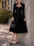 Retro Black Velvet Midi Sweetheart Fit‑Flare Dress