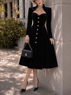 Retro Black Velvet Midi Sweetheart Fit‑Flare Dress