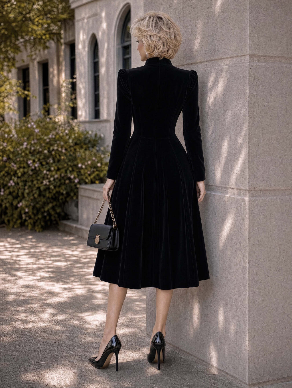 Retro Black Velvet Midi Sweetheart Fit‑Flare Dress